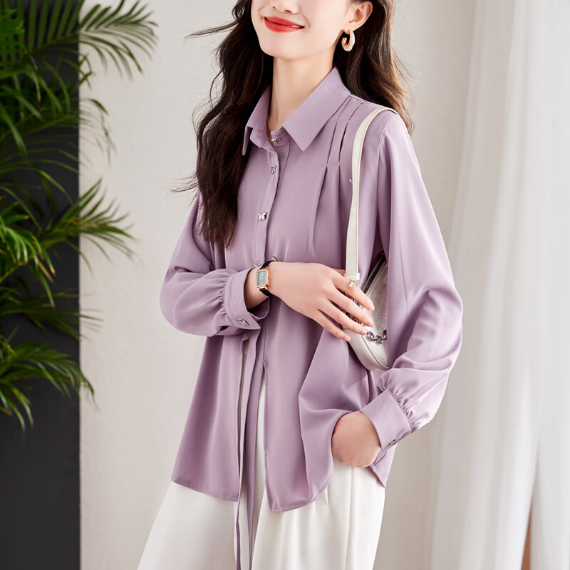 岩彩日系原单女衬衫高级感大女装收腰系带衬衫百搭气质上衣女 紫色 XL